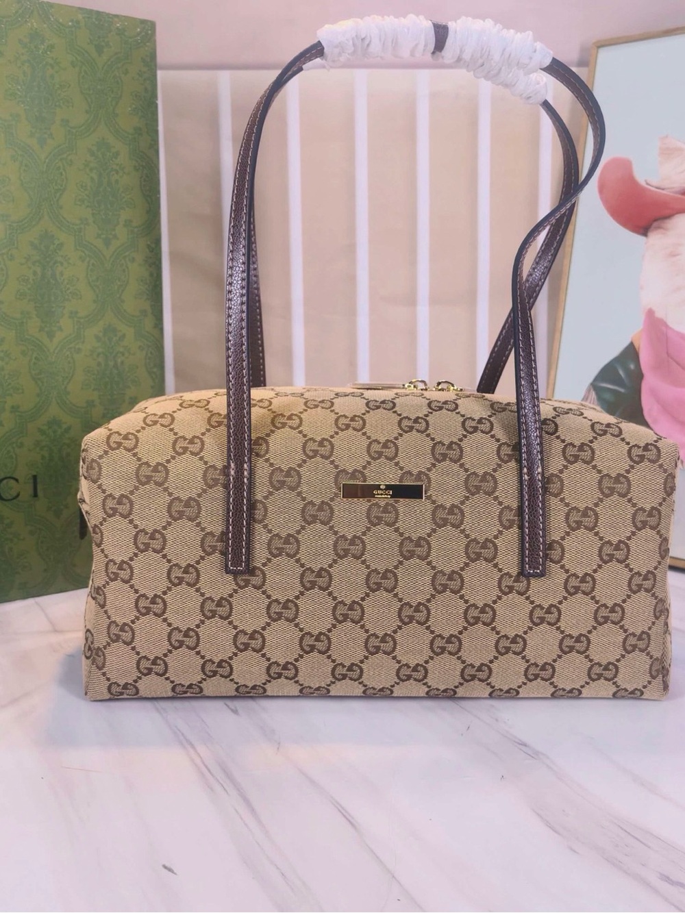 Gucci Beige GG Canvas Tote with Brown Leather Trims